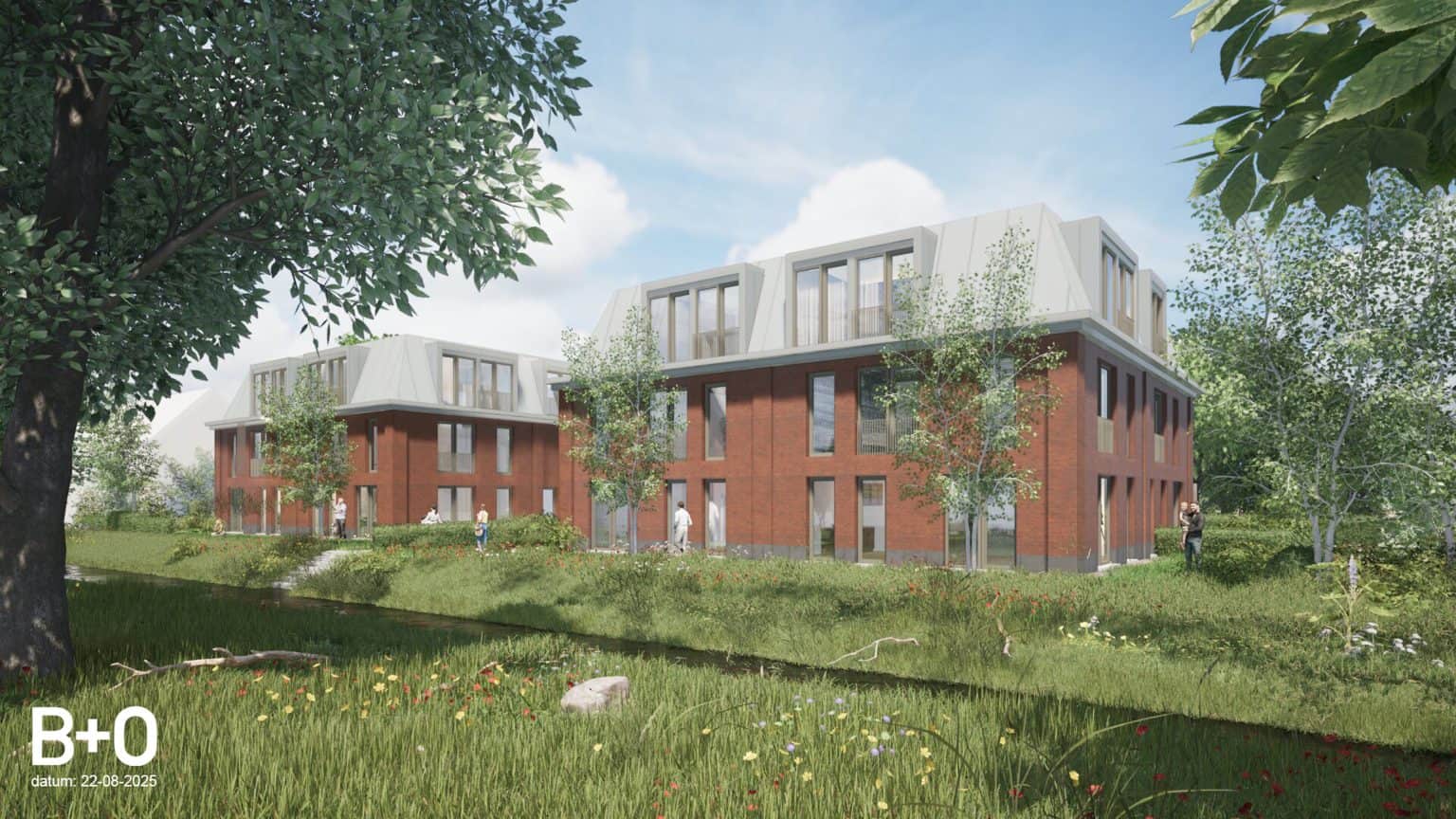 Modern woongebouw Woonstaete met groene omgeving en grote ramen.
