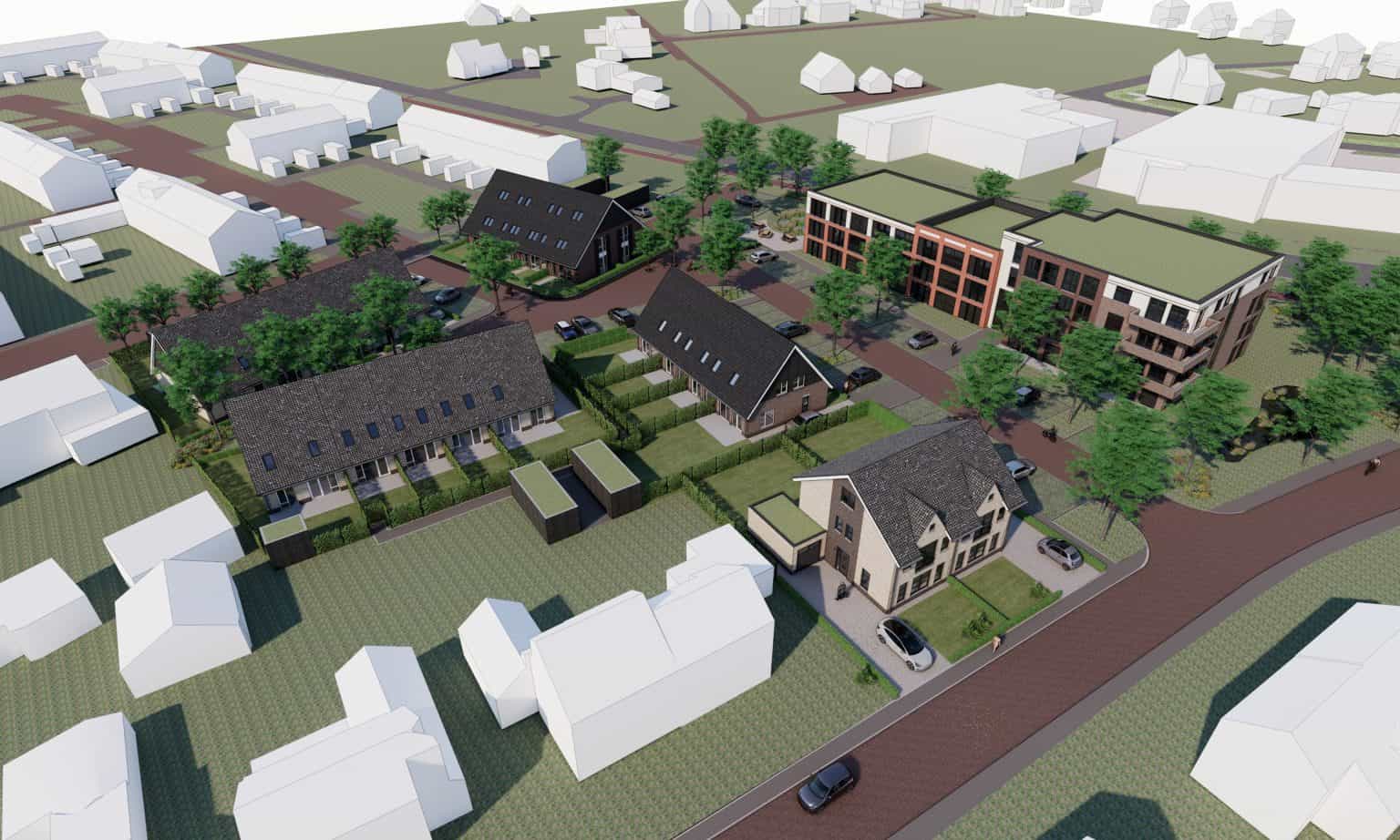 Modern wooncomplex met diverse appartementen en woningen in een groene omgeving.