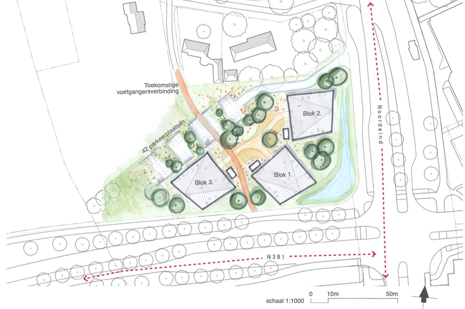 Plattegrond van Woonstaete met blokken, groenvoorzieningen en voetgangersverbindingen.
