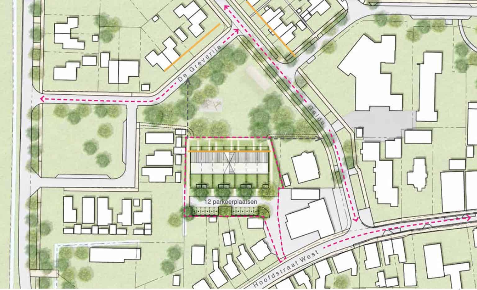 Woonstaete nieuwbouw met 12 parkeerplaatsen en groene omgeving.